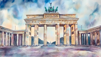 Obraz premium Watercolor depiction of Brandenburg Gate at dawn.