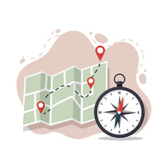 Map with location pins and compass navigation illustration for travel and direction guidance vector design 