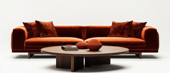 A Luxurious Burnt Orange Velvet Sofa With Matching Pillows Sits In Front Of A Dark Wood Coffee Table, All Against A Minimalist White Background. The Scene Evokes Feelings Of Calm And Sophistication.