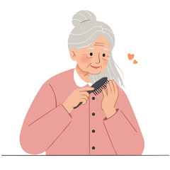 Obraz premium Elderly woman brushing hair - refined senior lady brushing silver hair before mirror, imbuing the moment with quiet grace and golden years dignity.