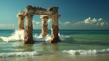 Fototapeta premium Ancient stone temple partially submerged the ocean waves crashing against its pillars cinematic mystical ruins