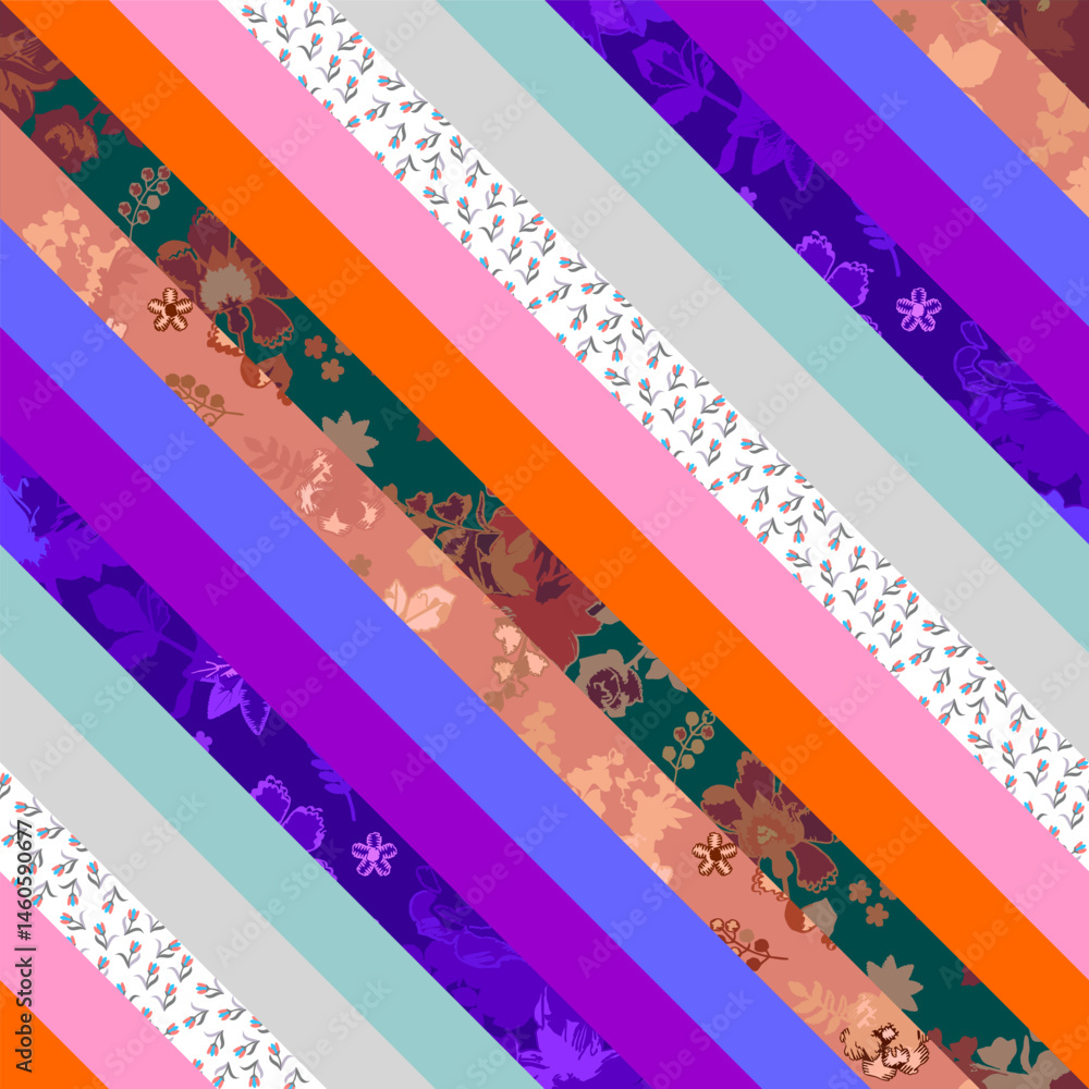 Wall mural diagonal patchwork pattern with solid and floral stripes in vector. seamless bright print for fabric