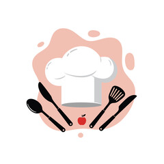 Chef hat with cooking utensils and apple vector illustration design in black and pink color scheme 