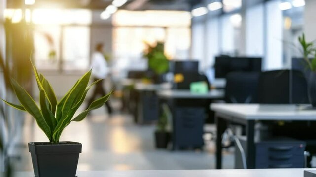 Modern office plant in foreground with blurred background of desks and computers. The image conveys a sense of calm and productivity in the workplace. 
