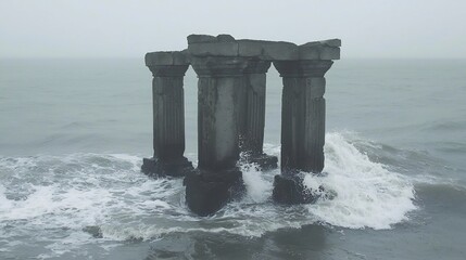 Ancient stone temple partially submerged the ocean waves crashing against its pillars cinematic mystical ruins