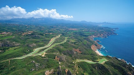 Aerial View of Coastal Landscape in Corsica, France: Serene Beauty of Mediterranean Sea and Lush Green Hills