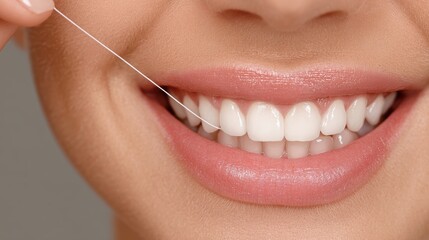 Fototapeta premium Close-up of smiling woman flossing white teeth with dental floss, grey background, healthy oral care.