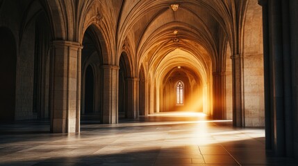 Fototapeta premium Architectural grandeur, sunlit arches and a stained glass portal of light