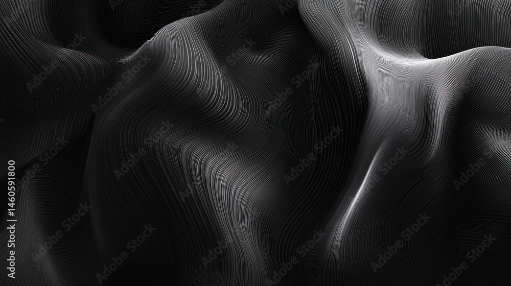 Poster monochrome abstract waves, fluid dynamics and elegant dark structures