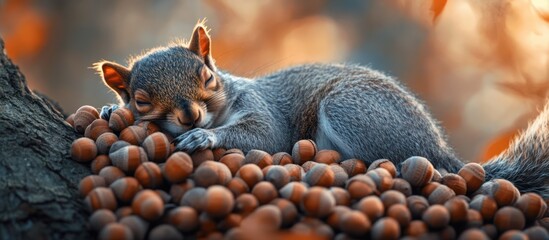 Fototapeta premium Sleepy Squirrel Napping on Hazelnuts in Autumn