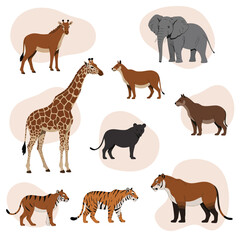 Fototapeta premium African wildlife animals including giraffe elephant tiger and wild dog in vector illustration style 