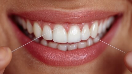 Close-up of woman enjoying flossing routine, showing clean white teeth, grey backdrop.