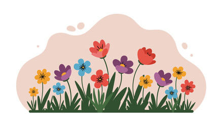 Fototapeta premium Colorful spring wildflowers with green grass vector illustration in nature scene for seasonal design 