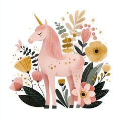 Obraz premium A pastel pink unicorn stands among whimsical flowers and leaves in a magical, botanical illustration.