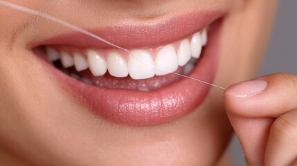 Woman enjoying flossing her teeth, close-up with visible white smile, grey background.