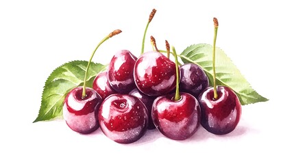 A detailed rendering of fresh, plump cherries with leaves.