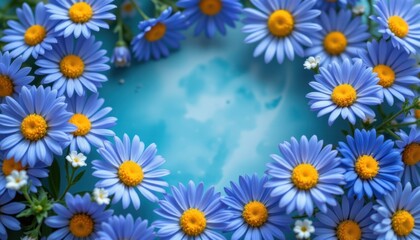 Obraz premium Vibrant blue daisy flowers framing calm aqua background nature floral arrangement outdoor close-up seasonal beauty