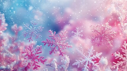 Delicate crystalline snowflakes cascading against an ethereal pastel backdrop