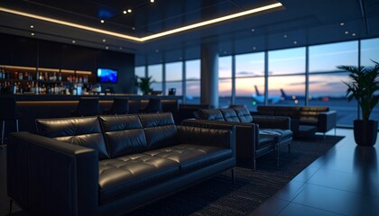 Fototapeta premium Exclusive airport lounge interior, well-maintained leather sofas, minibar
