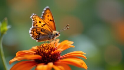 Obraz premium Butterfly feeding on vibrant orange flower nature setting close-up photography summer scene beauty of wildlife