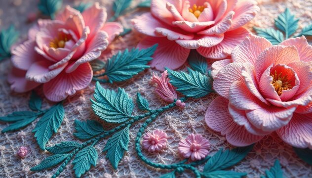 Intricate floral pattern lace fabric, close-up , dantel, floral