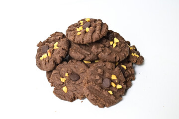 Close up view of cookies with peanut and chocolate chips. Freshly Baked Homemade. perfect for bakery advertisements and dessert menus. Clipping path. Stack. Pile.