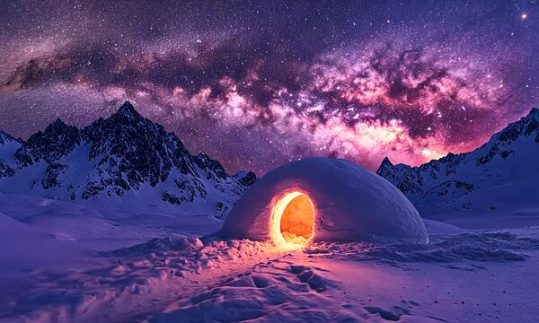 A glowing igloo under a starry night sky with the Milky Way visible in the background