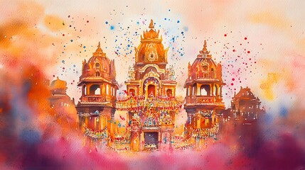 Obraz premium Colorful watercolor depiction of a festive temple structure.