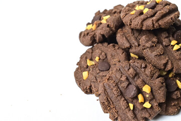 ExtremecClose up view of cookies with peanut and chocolate chips. Freshly Baked Homemade. perfect for bakery advertisements and dessert menus. Clipping path. Stack. Pile.