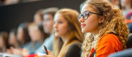 Students attentively listen to lecture in hall