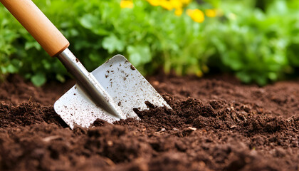 Gardening shovel in rich dark soil, close-up view; spring planting, preparing the earth for planting.