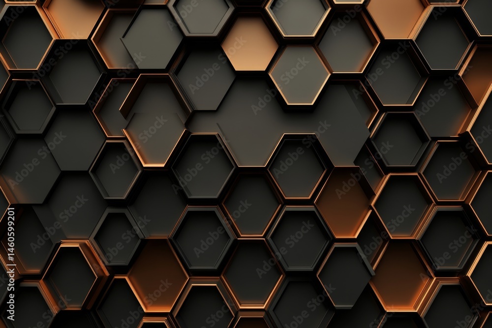 Poster abstract geometric pattern of layered hexagons in dark and copper tones