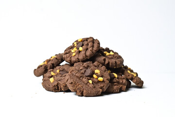 Close up view of cookies with peanut and chocolate chips. Freshly Baked Homemade. perfect for bakery advertisements and dessert menus. Clipping path. Stack. Pile. Side.
