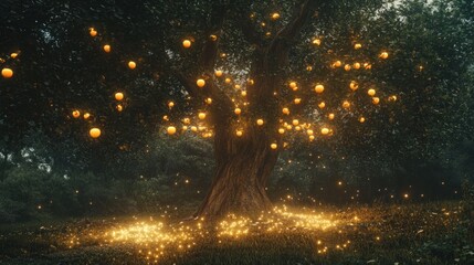 Enchanted orange grove illuminated by bioluminescent fruit at twilight