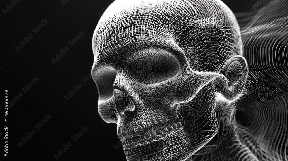 Poster digital rendering of a skeletal head with intricate gridwork design