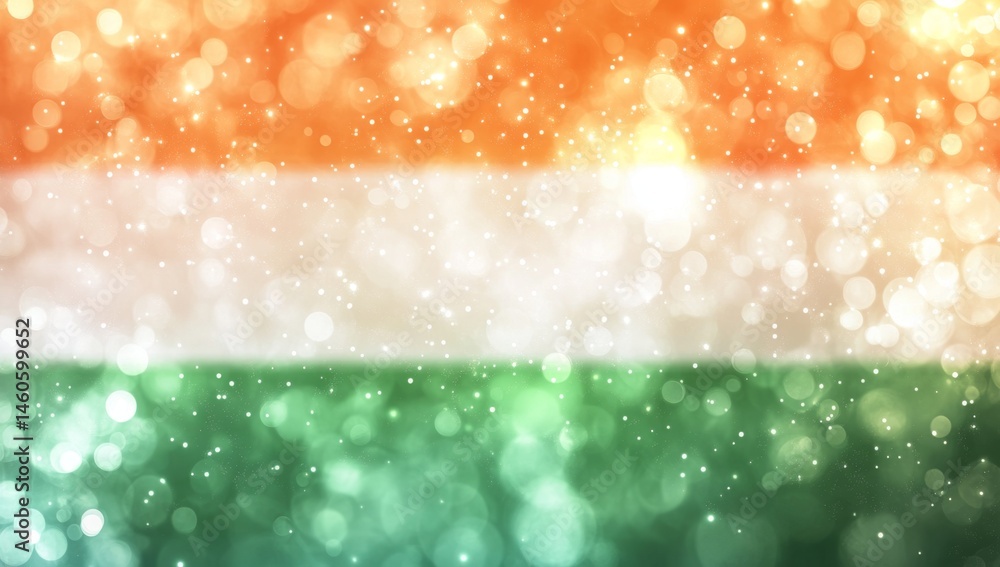 Poster abstract design with blurred, multicolored circles and glitter, evokes a flag-like pattern