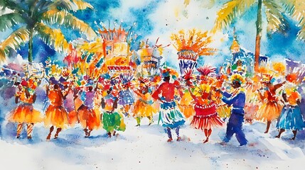 Vibrant watercolor painting of a festive celebration.