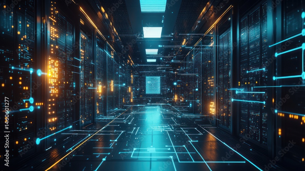 Aufkleber data center corridor with glowing lines and futuristic digital interface elements