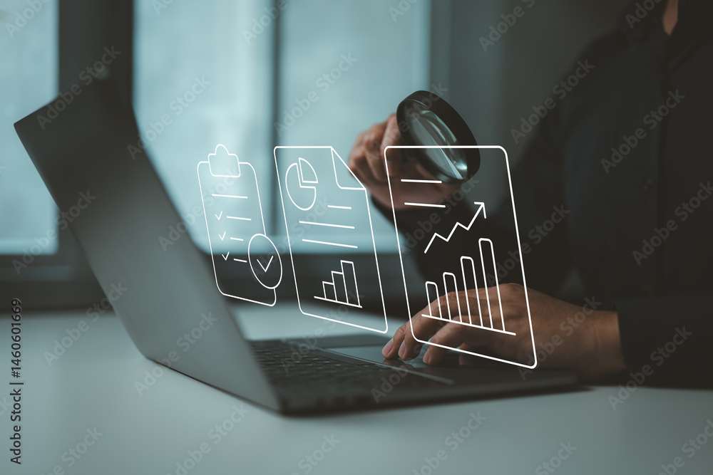 Aufkleber Digital inspection of business reports and performance charts using modern analytics tools.