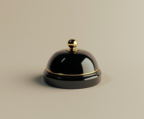 High-quality 3D rendering of a classic golden desk bell on a black base. Ideal for presentations, service brochures, and hospitality-themed content.