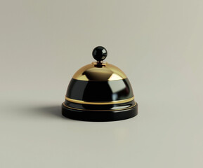High-quality 3D rendering of a classic golden desk bell on a black base. Ideal for presentations, service brochures, and hospitality-themed content.