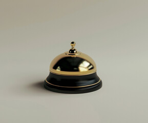 High-quality 3D rendering of a classic golden desk bell on a black base. Ideal for presentations, service brochures, and hospitality-themed content.
