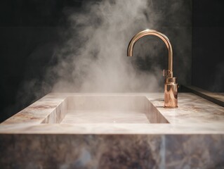 Contemporary bathroom sink with steam rising.