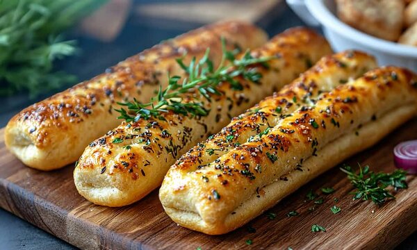 Freshly baked garlic breadsticks garnished with herbs on a wooden board, with a bowl of snacks in the background