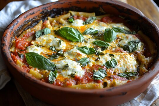 Baked ziti a rich marinara sauce melted mozzarella and a sprinkle of fresh basil served in a rustic clay dish