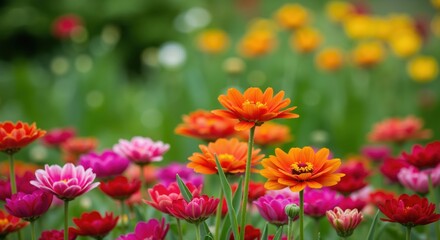 Vibrant flowers blooming in a colorful lush garden  