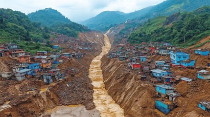 Devastating Landslide in Mountain Village: Aerial View of Mudslide Destruction