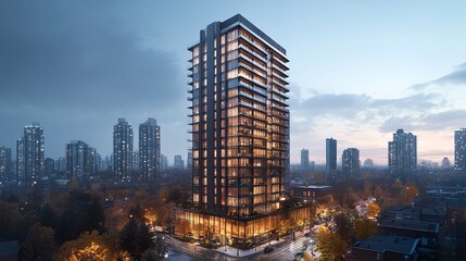 Obraz premium A contemporary high-rise building with a polished exterior and minimalist design, its towering presence exuding corporate ambition and achievement 