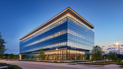 Obraz premium A dynamic modern structure with smooth glass panels and clean lines, representing progress and success in a thriving urban landscape 
