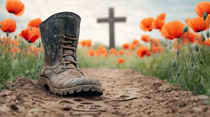 Solemn Remembrance: A weathered military boot rests at the heart of a poignant war memorial. Poppies bloom along the path leading to a cross.